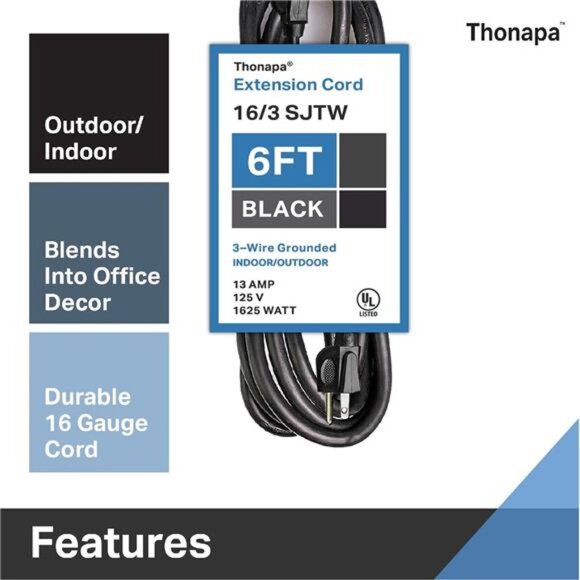 13 Amp Outdoor Extension Cord 6 ft,2 Pack, 16/3 SJTW 6 Foot Black Extension Cord - Picture 2 of 7